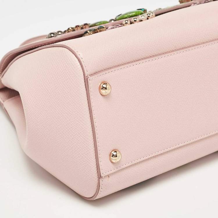 Pre Owned Dolce & Gabbana Pink Fig Print Leather Medium Embellished Sicily Top Handle Bag