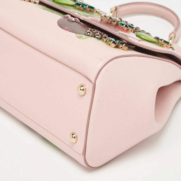 Pre Owned Dolce & Gabbana Pink Fig Print Leather Medium Embellished Sicily Top Handle Bag