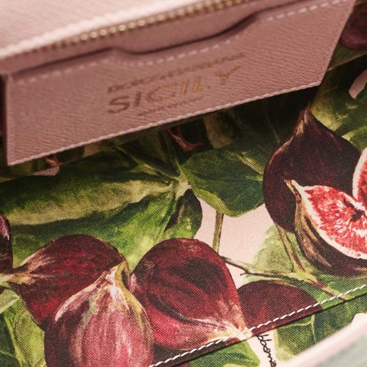 Pre Owned Dolce & Gabbana Pink Fig Print Leather Medium Embellished Sicily Top Handle Bag