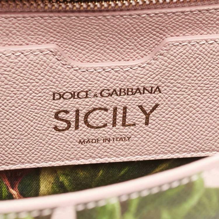 Pre Owned Dolce & Gabbana Pink Fig Print Leather Medium Embellished Sicily Top Handle Bag