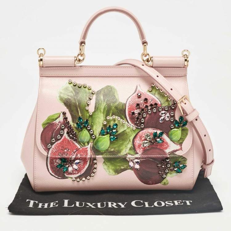 Pre Owned Dolce & Gabbana Pink Fig Print Leather Medium Embellished Sicily Top Handle Bag