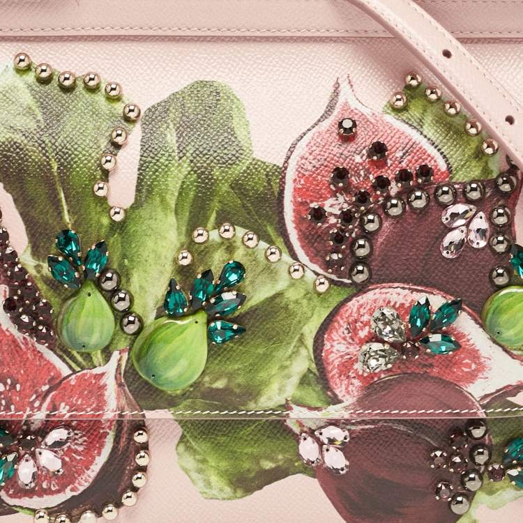 Pre Owned Dolce & Gabbana Pink Fig Print Leather Medium Embellished Sicily Top Handle Bag