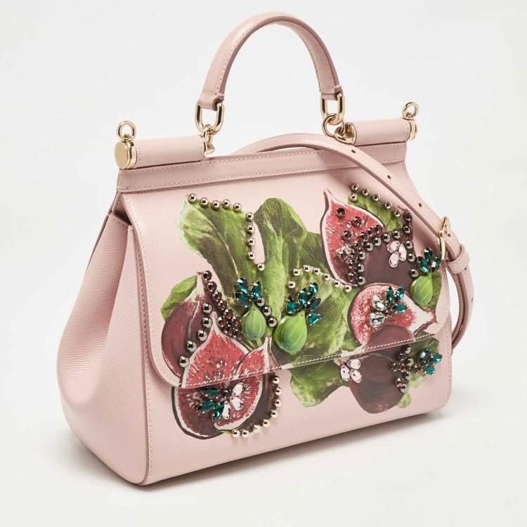 Pre Owned Dolce & Gabbana Pink Fig Print Leather Medium Embellished Sicily Top Handle Bag