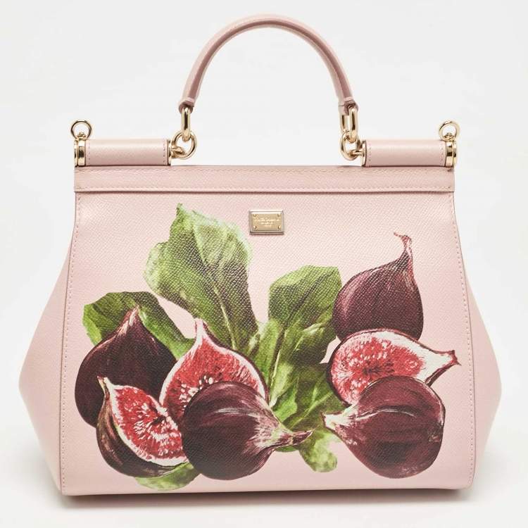 Pre Owned Dolce & Gabbana Pink Fig Print Leather Medium Embellished Sicily Top Handle Bag