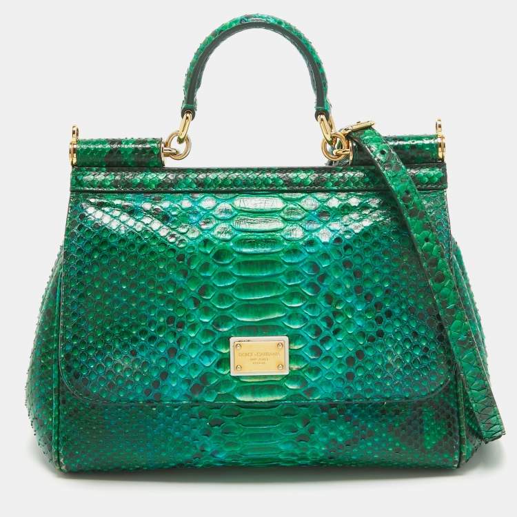 Pre Owned Dolce & Gabbana Green Python Medium Miss Sicily Top Handle Bag