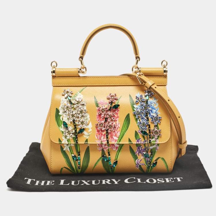 Pre Owned Dolce & Gabbana Mustard Floral Print Leather Small Crystals Sicily Top Handle Bag