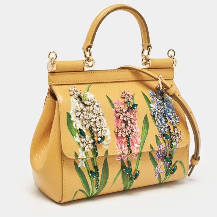 Pre Owned Dolce & Gabbana Mustard Floral Print Leather Small Crystals Sicily Top Handle Bag