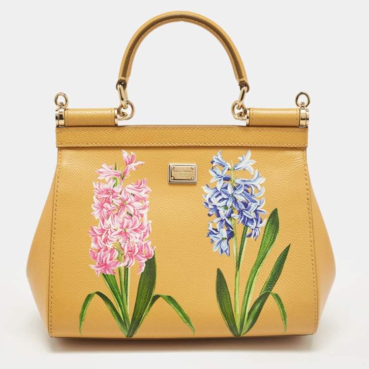 Pre Owned Dolce & Gabbana Mustard Floral Print Leather Small Crystals Sicily Top Handle Bag