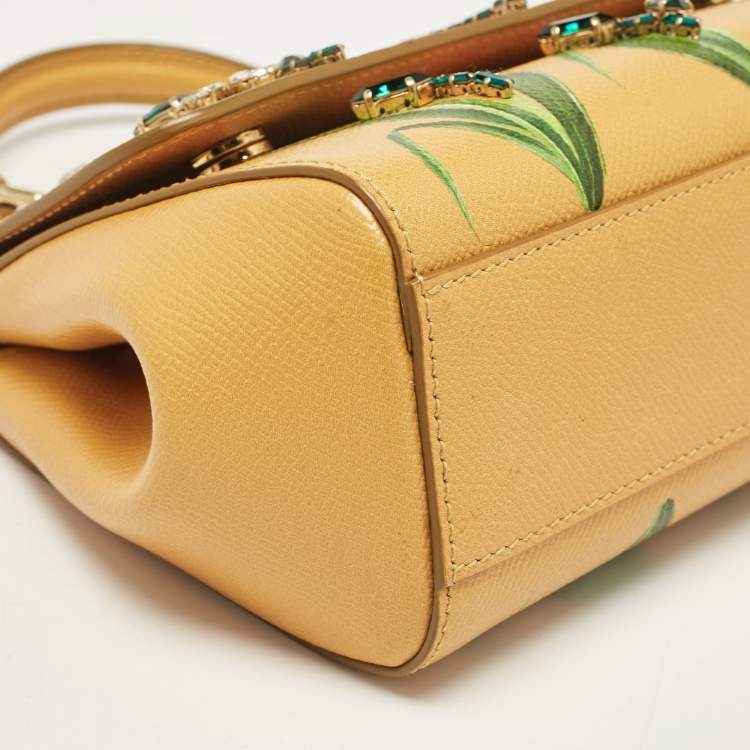Pre Owned Dolce & Gabbana Mustard Floral Print Leather Small Crystals Sicily Top Handle Bag