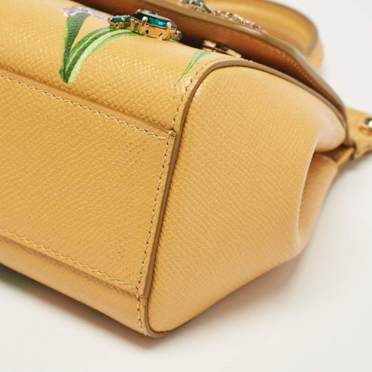 Pre Owned Dolce & Gabbana Mustard Floral Print Leather Small Crystals Sicily Top Handle Bag