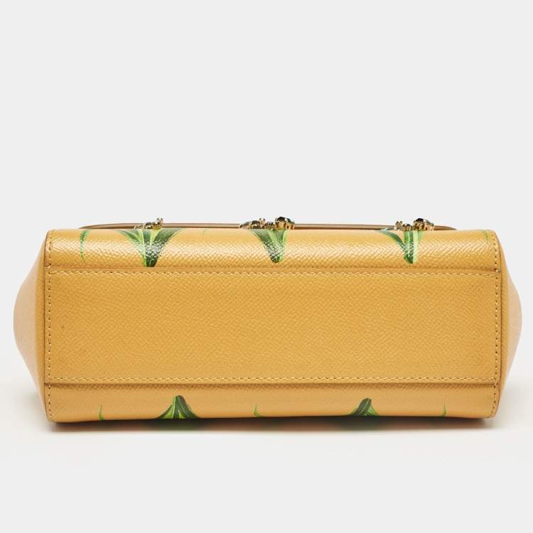 Pre Owned Dolce & Gabbana Mustard Floral Print Leather Small Crystals Sicily Top Handle Bag