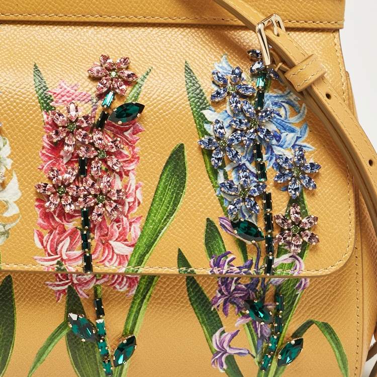Pre Owned Dolce & Gabbana Mustard Floral Print Leather Small Crystals Sicily Top Handle Bag