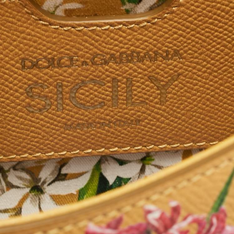 Pre Owned Dolce & Gabbana Mustard Floral Print Leather Small Crystals Sicily Top Handle Bag
