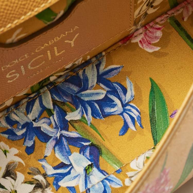 Pre Owned Dolce & Gabbana Mustard Floral Print Leather Small Crystals Sicily Top Handle Bag