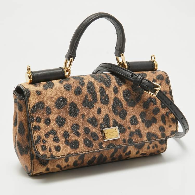 Pre Owned Dolce & Gabbana Black/Brown Leopard Print Coated Canvas and Leather Mini Miss Sicily Bag
