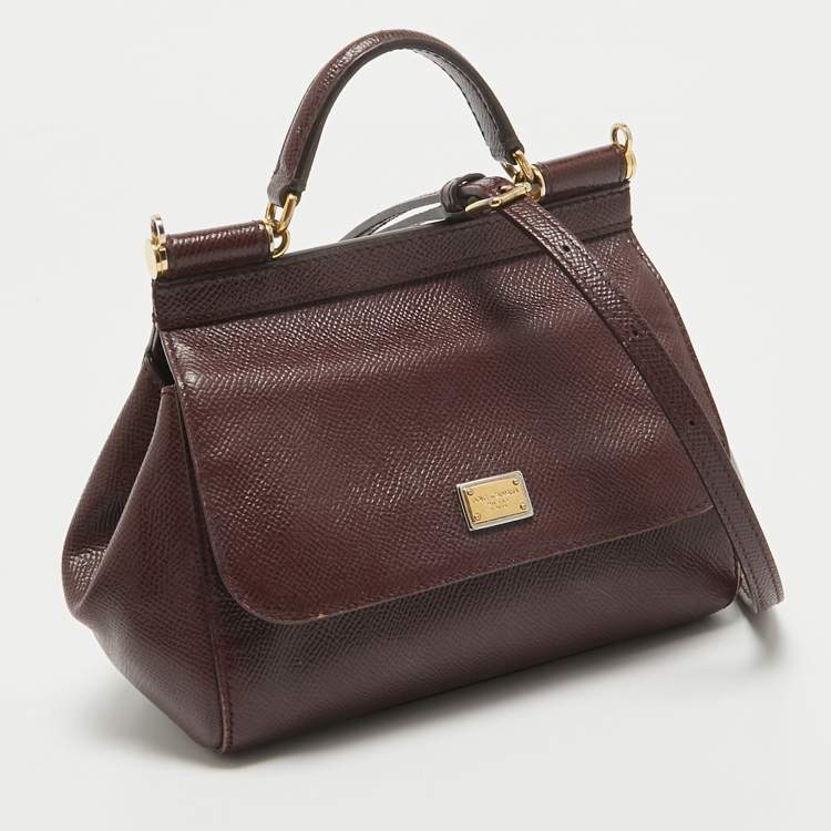 Pre Owned Dolce & Gabbana Burgundy Leather Mini Miss Sicily Top Handle Bag