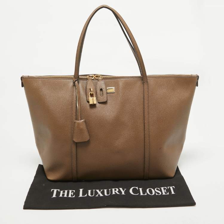 Pre Owned Dolce & Gabbana Dark Beige Leather Miss Escape Zip Tote