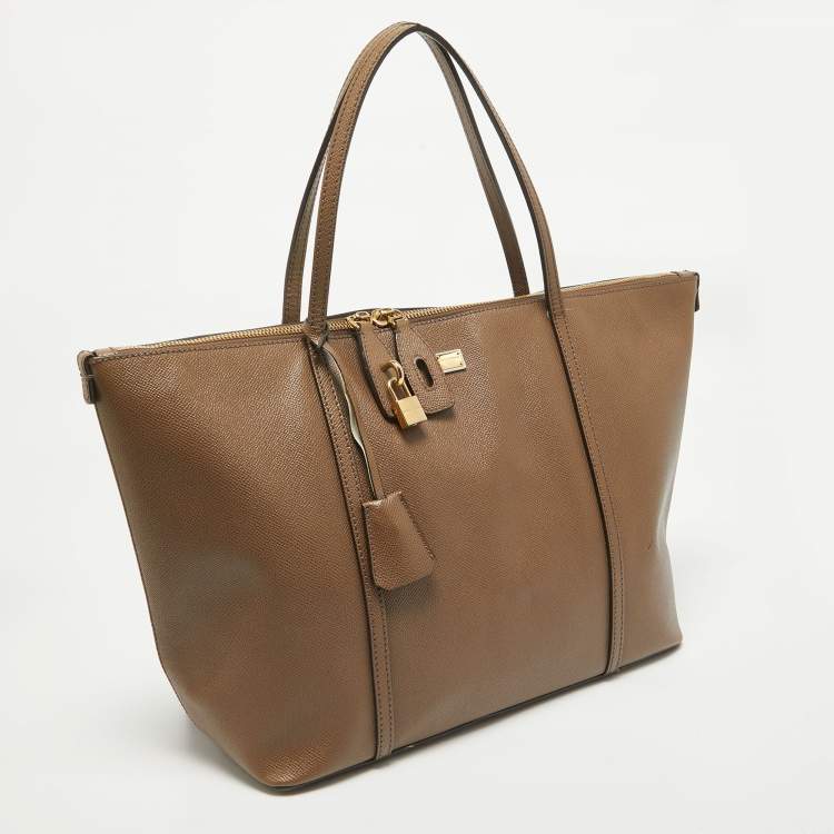 Pre Owned Dolce & Gabbana Dark Beige Leather Miss Escape Zip Tote
