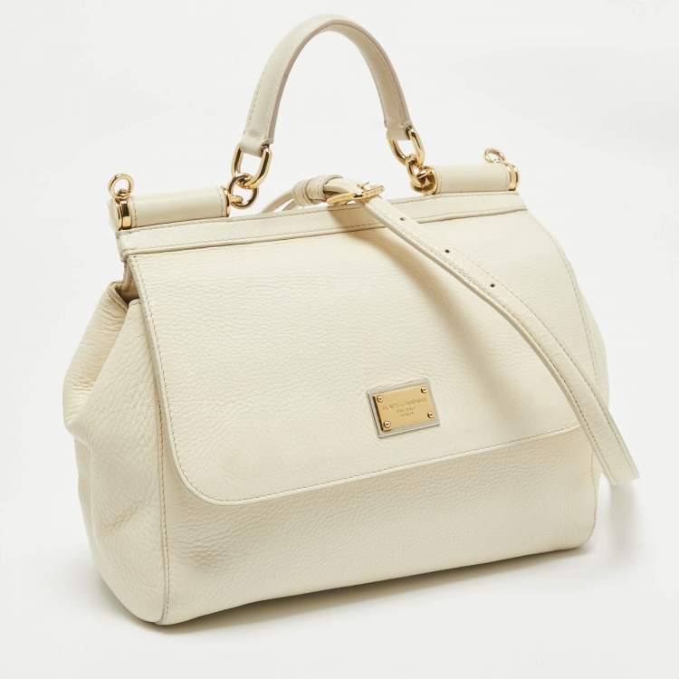 Pre Owned Dolce & Gabbana Off White Leather Medium Miss Sicily Top Handle Bag