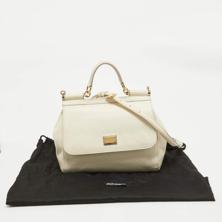 Pre Owned Dolce & Gabbana Off White Leather Medium Miss Sicily Top Handle Bag
