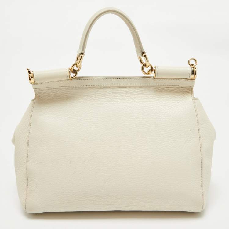 Pre Owned Dolce & Gabbana Off White Leather Medium Miss Sicily Top Handle Bag