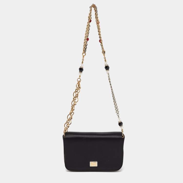 Pre Owned Dolce & Gabbana Black Satin Flap Chain Shoulder Bag