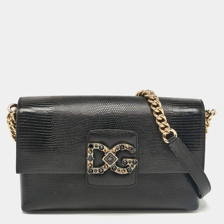 Pre Owned Dolce & Gabbana Black Lizard Embossed Leather DG Millennials Shoulder Bag