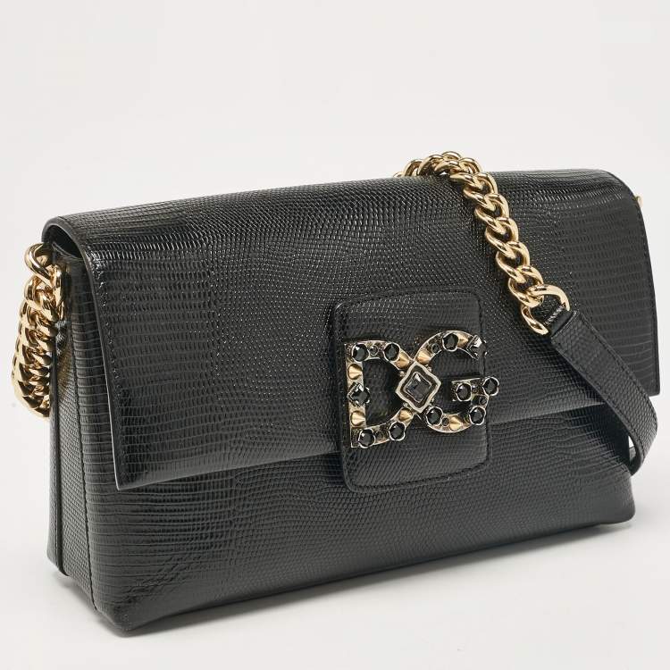 Pre Owned Dolce & Gabbana Black Lizard Embossed Leather DG Millennials Shoulder Bag