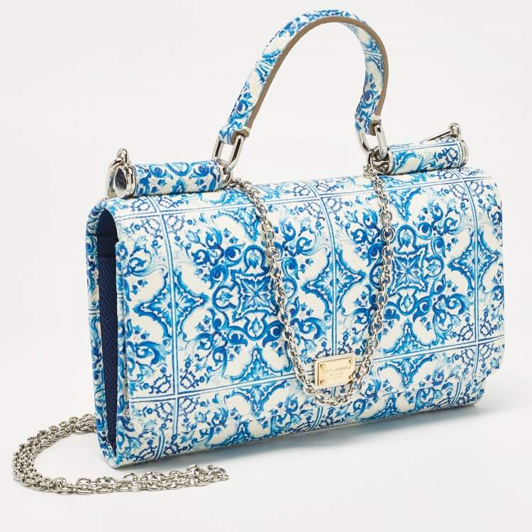 Pre Owned Dolce & Gabbana Blue/White Majolica Print Leather Miss Sicily Wallet On Chain