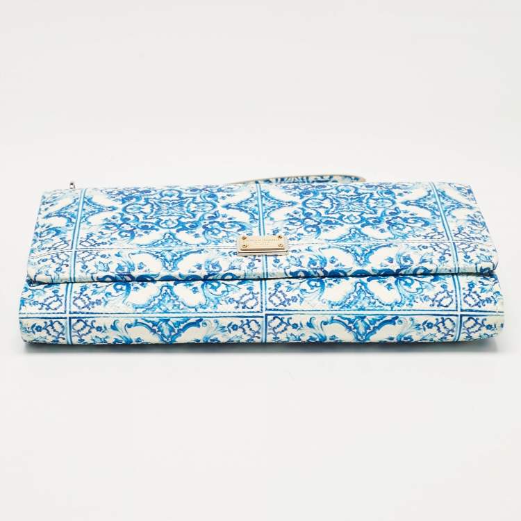 Pre Owned Dolce & Gabbana Blue/White Majolica Print Leather Miss Sicily Wallet On Chain