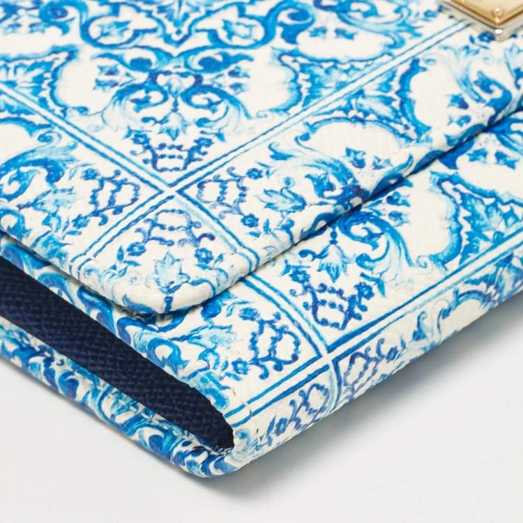 Pre Owned Dolce & Gabbana Blue/White Majolica Print Leather Miss Sicily Wallet On Chain
