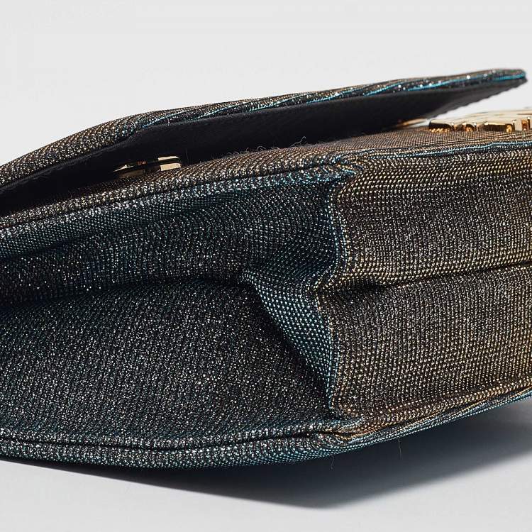 Pre Owned Dolce & Gabbana Blue/Gold Lurex Fabric DG Girls Flap Shoulder Bag