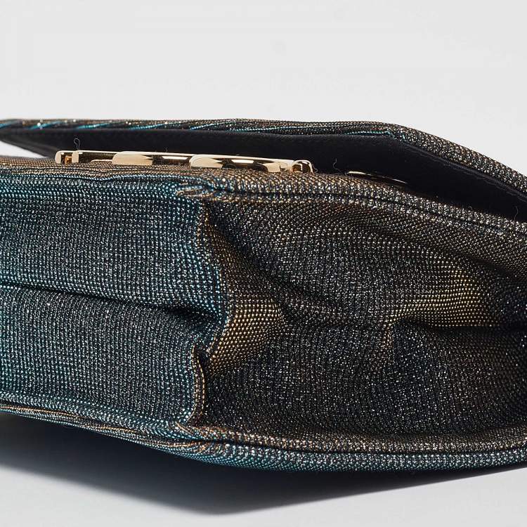 Pre Owned Dolce & Gabbana Blue/Gold Lurex Fabric DG Girls Flap Shoulder Bag
