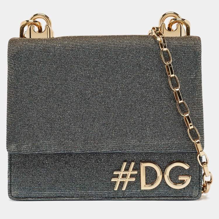 Pre Owned Dolce & Gabbana Blue/Gold Lurex Fabric DG Girls Flap Shoulder Bag