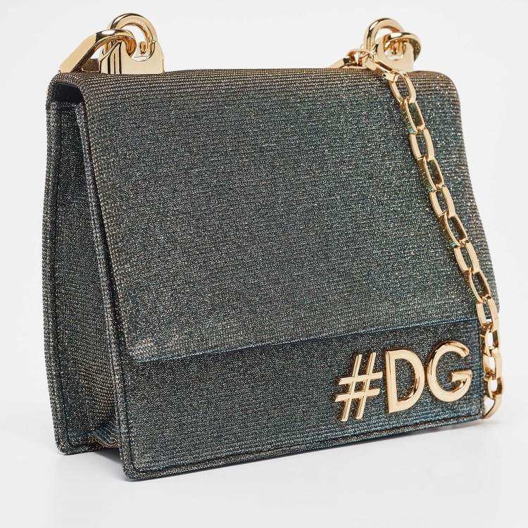 Pre Owned Dolce & Gabbana Blue/Gold Lurex Fabric DG Girls Flap Shoulder Bag