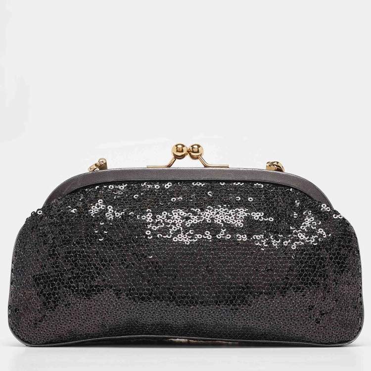 Pre Owned Dolce & Gabbana Black/Grey Leather and Sequins Crystals Embellished Frame Chain Clutch