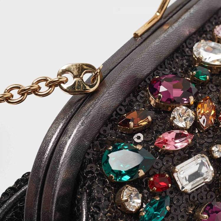 Pre Owned Dolce & Gabbana Black/Grey Leather and Sequins Crystals Embellished Frame Chain Clutch