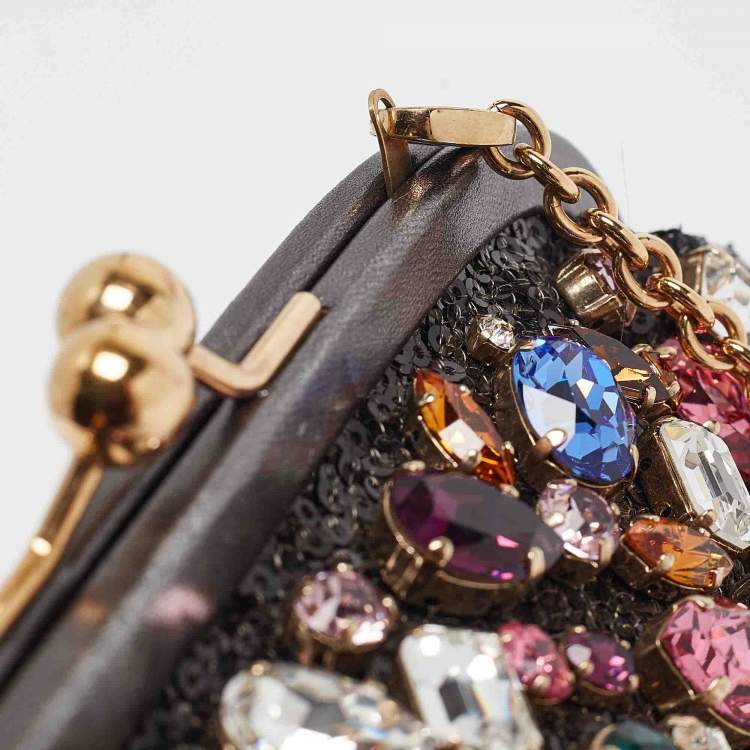 Pre Owned Dolce & Gabbana Black/Grey Leather and Sequins Crystals Embellished Frame Chain Clutch