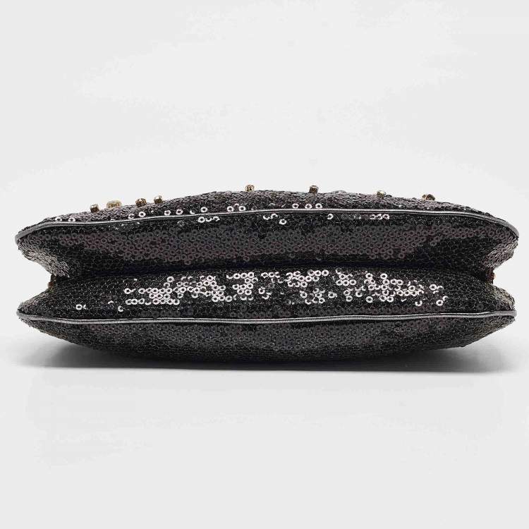 Pre Owned Dolce & Gabbana Black/Grey Leather and Sequins Crystals Embellished Frame Chain Clutch