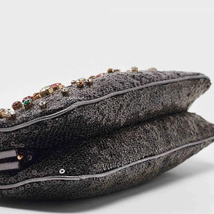 Pre Owned Dolce & Gabbana Black/Grey Leather and Sequins Crystals Embellished Frame Chain Clutch
