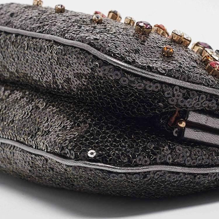Pre Owned Dolce & Gabbana Black/Grey Leather and Sequins Crystals Embellished Frame Chain Clutch