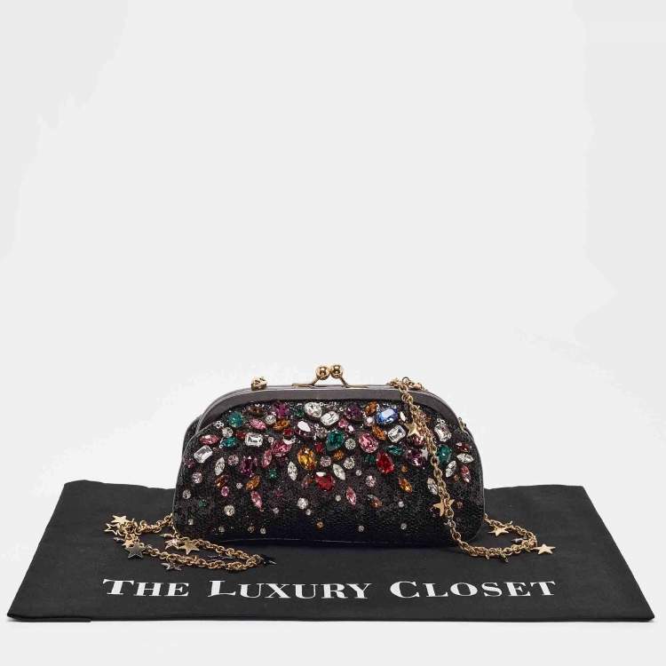 Pre Owned Dolce & Gabbana Black/Grey Leather and Sequins Crystals Embellished Frame Chain Clutch