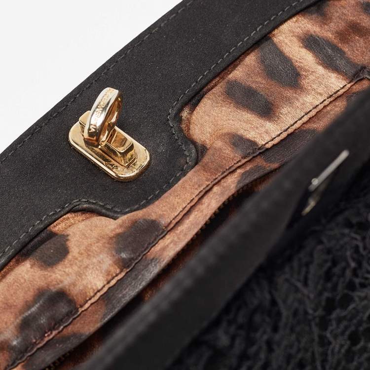 Pre Owned Dolce & Gabbana Black Lace and Satin Turnlock Frame Chain Clutch