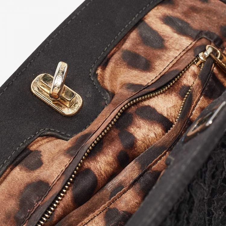 Pre Owned Dolce & Gabbana Black Lace and Satin Turnlock Frame Chain Clutch
