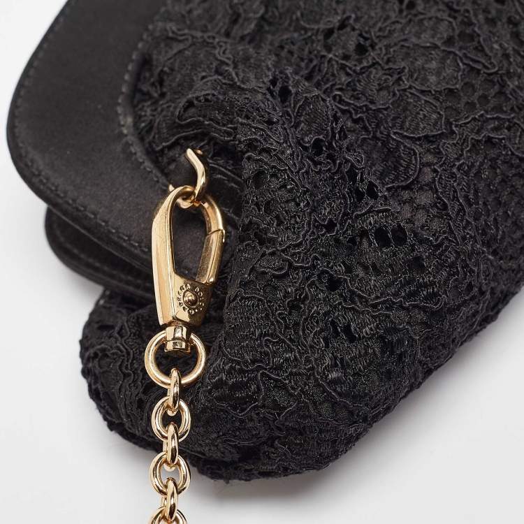 Pre Owned Dolce & Gabbana Black Lace and Satin Turnlock Frame Chain Clutch