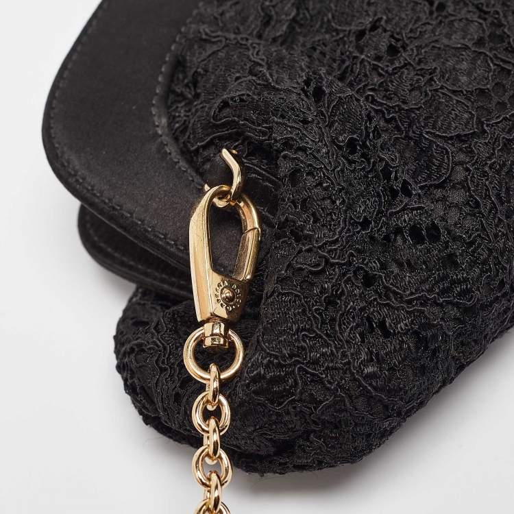 Pre Owned Dolce & Gabbana Black Lace and Satin Turnlock Frame Chain Clutch