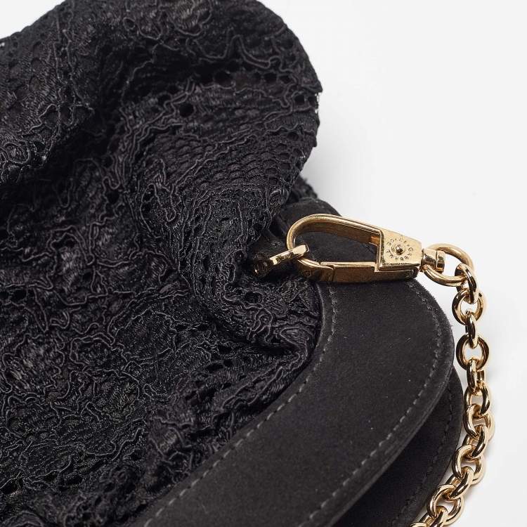 Pre Owned Dolce & Gabbana Black Lace and Satin Turnlock Frame Chain Clutch