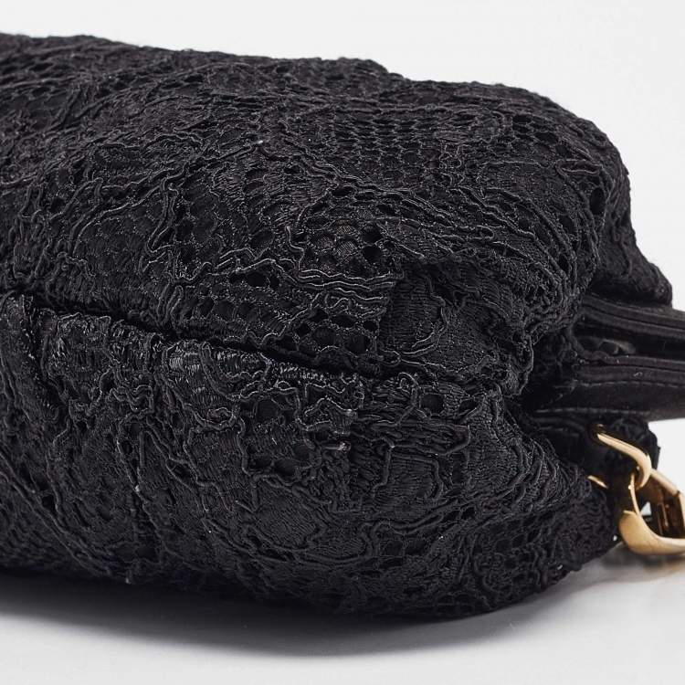 Pre Owned Dolce & Gabbana Black Lace and Satin Turnlock Frame Chain Clutch