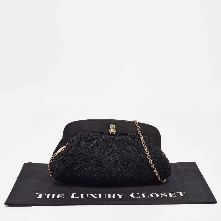 Pre Owned Dolce & Gabbana Black Lace and Satin Turnlock Frame Chain Clutch