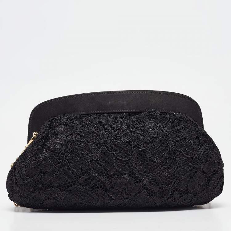 Pre Owned Dolce & Gabbana Black Lace and Satin Turnlock Frame Chain Clutch